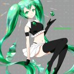  1girl character_name elbow_gloves gem gloves green_eyes green_hair hatsune_miku long_hair navel nekomissile skirt smile solo thighhighs twintails very_long_hair vocaloid 