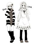  2girls anzu_(o6v6o) character_name gumi hand_in_pocket long_hair looking_at_viewer megurine_luka monochrome multiple_girls simple_background smile vocaloid white_background 