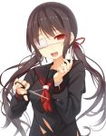  1girl bandages black_hair blush long_hair looking_at_viewer nagomi_no_ame open_mouth original red_eyes school_uniform scissors smile solo torn_clothes 