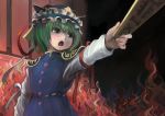  fire green_eyes green_hair hat hat_ribbon ichiba_youichi long_sleeves outstretched_arm ribbon rod_of_remorse shikieiki_yamaxanadu short_hair shoulder_pads tagme touhou vest 