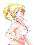  1girl ayase_eli bikini blonde_hair blue_eyes breasts large_breasts long_hair looking_at_viewer love_live!_school_idol_project navel onsoku_maru ponytail simple_background smile solo swimsuit white_background 