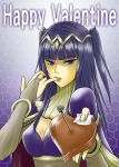  1girl bracelet breasts bridal_gauntlets cape chocolate chocolate_heart cleavage finger_in_mouth fire_emblem fire_emblem:_kakusei hair_ornament happy_valentine heart hirabuki_masahiro jewelry long_hair nail purple_hair solo tharja two_side_up valentine violet_eyes 