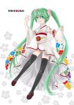  1girl 2020 2020_summer_olympics 71pen bell detached_sleeves flower green_eyes green_hair hair_flower hair_ornament hatsune_miku highres jingle_bell long_hair obi olympics open_mouth sandals sash solo thighhighs twintails very_long_hair vocaloid 