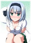  1girl blush breast_lift breasts cleavage collarbone crossed_arms down_blouse green_eyes hair_ribbon highres konpaku_youmu konpaku_youmu_(ghost) lips looking_at_viewer nori_tamago pleated_skirt ribbon shirt silver_hair sitting skirt solo touhou 