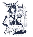  2girls alternate_hair_length alternate_hairstyle bare_shoulders blush breasts elbow_gloves gloves hair_ornament hairband hand_on_another&#039;s_hip headgear kantai_collection long_hair looking_at_viewer midriff monochrome multiple_girls mutsu_(kantai_collection) nagato_(kantai_collection) navel personification short_hair simple_background sketch skirt smile tendou_itsuki white_background 