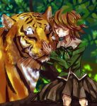  1boy animal brown_hair closed_eyes dangan_ronpa dappled_sunlight fujisaki_chihiro nia_(yachi74) school_uniform short_hair tiger trap 