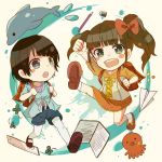  2girls abstract_background bangs black_hair blunt_bangs book brown_hair chia_tomori clover dolphin eraser hisanuma_sayu multiple_girls nagi_no_asukara paper_airplane pencil ribbon ruler shiodome_miuna short_hair tagme twintails 