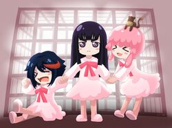  &gt;_&lt; 3girls :d black_hair bow child dress girl_sandwich holding_hands jakuzure_nonon kill_la_kill kiryuuin_satsuki long_hair lord_jack matoi_ryuuko monkey multicolored_hair multiple_girls open_mouth pink_hair serious short_hair smile streaked_hair tantrum xd young 