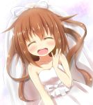  1girl blush bow brown_hair closed_eyes crescent dress fumizuki_(kantai_collection) hair_bow highres jewelry kantai_collection kapu_(tetete8901) long_hair necklace open_mouth personification ponytail ring smile veil wedding_dress wedding_ring 