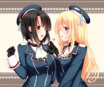 2girls atago_(kantai_collection) beret black_gloves black_hair blonde_hair blush breasts gloves green_eyes hat heart kantai_collection large_breasts long_hair military military_hat military_uniform multiple_girls open_mouth personification red_eyes short_hair smile sotogawa_max takao_(kantai_collection) uniform 