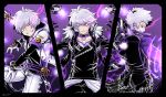  3boys add_(elsword) choker column_lineup electricity elsword facial_mark gloves grin jacket male messy_hair multiple_boys multiple_persona purple_background shirt smile srow tattoo violet_eyes white_hair wide-eyed 
