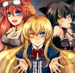  3girls animal_ears ati black_hair blonde_hair blue_eyes bow cat_ears colored_eyelashes company_connection cony_il_ricoeur copyright_name crossover goggles goggles_on_head heterochromia liarsoft long_hair mary_clarissa_christie multiple_crossover multiple_girls outstretched_hand redhead sekien_no_inganock shikkoku_no_sharnoth short_hair smile souten_no_celenaria suzuka_(once) yellow_eyes 