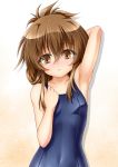  1girl alternate_costume arm_up armpits blush brown_eyes brown_hair folded_ponytail inazuma_(kantai_collection) kantai_collection looking_at_viewer one-piece_swimsuit roura school_uniform smile solo swimsuit 