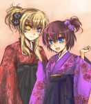  2girls alternate_hairstyle black_rose blonde_hair blue_eyes brown_hair company_connection crossover flower hair_flower hair_ornament heterochromia japanese_clothes kimono liarsoft lily_(shiei_no_sona-nyl) mary_clarissa_christie multiple_girls payot purple_rose rose shiei_no_sona-nyl shikkoku_no_sharnoth short_hair smile suzuka_(once) yellow_eyes 