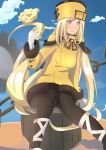  1girl black_legwear blonde_hair blue_eyes blue_sky blush fingerless_gloves full-face_blush gloves guilty_gear guilty_gear_xrd hat highres jacket long_hair millia_rage pantyhose prehensile_hair sitting skirt sky solo very_long_hair 