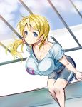  ajishio ayase_eli bike_shorts blonde_hair blue_eyes breasts cleavage hair_ornament hairclip large_breasts long_hair love_live!_school_idol_project ponytail 