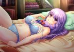  1girl adworse blue_bra blue_panties blush book bookshelf bow bra breasts crescent hair_bow long_hair looking_at_viewer lying navel on_back panties patchouli_knowledge pillow purple_hair solo stomach strap_slip touhou underwear underwear_only violet_eyes 