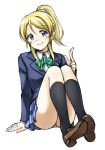  1girl ayase_eli blazer blonde_hair blue_eyes blush loafers long_hair love_live!_school_idol_project panties pantyshot pantyshot_(sitting) pas_(paxiti) plaid plaid_skirt ponytail school_uniform shoes sitting skirt smile socks solo underwear 