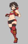  1girl boots brown_eyes brown_hair character_request cross-laced_footwear fingerless_gloves gloves grey_background knee_boots knee_pads lace-up_boots lowleg_shorts midriff navel papa ring_dream short_hair short_shorts shorts small_breasts solo thighhighs toned wrestling_outfit 
