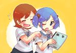  2girls aioi_yuuko blue_eyes blue_hair book brown_hair fang naganohara_mio nichijou school_uniform short_hair short_twintails smile twintails wataame_(quality) wince yellow_background 