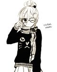  1girl anzu_(o6v6o) glasses gumi looking_at_viewer monochrome simple_background smile solo translation_request vocaloid white_background wink 