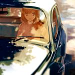  1girl artist_name blurry brown_eyes brown_hair car depth_of_field loundraw motor_vehicle open_mouth original outstretched_hand short_hair sweater vehicle 