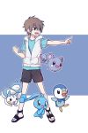 1boy amamiya_hibiya blue brown_eyes brown_hair hoodie kagerou_project kangmoro open_mouth outstretched_arm pointing pokemon pokemon_(creature) sandals short_hair shorts simple_background