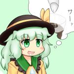  1girl blush drooling green_background green_eyes green_hair hat highres komeiji_koishi long_hair open_mouth simple_background solo thought_bubble touhou 