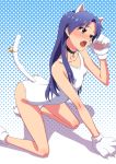  1girl animal_ears arm_support arm_up bell blue_hair blush brown_eyes cat_ears cat_paws cat_tail choker fang idolmaster jingle_bell kaimu_(pixiv) kisaragi_chihaya kneeling long_hair open_mouth paw_pose paws school_swimsuit solo swimsuit tail white_school_swimsuit white_swimsuit 
