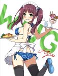  1girl apron bikini black_legwear brown_hair food glass goblet green_eyes highres long_hair looking_at_viewer okamoto_miyu omurice parfait solo swimsuit thighhighs tonee twintails waitress wake_up_girls! 