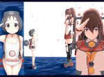  2girls hair_ornament headgear highres kantai_collection long_hair maru-yu_(kantai_collection) multiple_girls open_mouth ponytail salute school_swimsuit short_hair sukage swimsuit tagme yamato_(kantai_collection) 