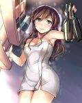  1girl alcohol armpits bare_shoulders blush bottle brown_hair character_request egg hi-ho- long_hair milk_carton naked_towel nude refrigerator shiny shiny_skin smile solo towel wet 