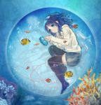  1girl aqua_eyes blue_hair coral fish hacco highres hiradaira_chisaki long_hair lying nagi_no_asukara on_side red_string sea_slug string thighhighs 