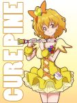  1girl bakusai bow brown_eyes brown_hair character_name choker cure_pine earrings fresh_precure! gradient gradient_background hair_bow jewelry magical_girl pine_flute precure short_hair skirt smile solo white_background wrist_cuffs yamabuki_inori yellow_background yellow_skirt 
