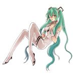 1girl ayanami_rei ayanami_rei_(cosplay) bandage_over_one_eye bandages green_eyes green_hair hands_on_own_chest hatsune_miku long_hair nail_polish neon_genesis_evangelion plugsuit simple_background sitting solo twintails very_long_hair vocaloid white_background 