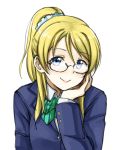  1girl ayase_eli bespectacled blazer blonde_hair blue_eyes chin_rest cravat glasses lips long_hair love_live!_school_idol_project pas_(paxiti) ponytail scrunchie semi-rimless_glasses smile solo under-rim_glasses 