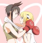  2girls animal_ears black_hair blonde_hair blue_eyes blush boxing_gloves breasts couple dominica_s_gentile eye_contact hug jane_t_godfrey kisetsu looking_at_another multiple_girls open_mouth short_hair strike_witches tank_top towel uniform yuri 