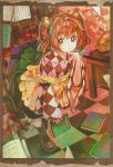  1girl absurdres apron bell book checkered hair_bell hair_ornament highres jingle_bell looking_at_viewer motoori_kosuzu organ_derwald red_eyes redhead solo touhou twintails wide_sleeves 