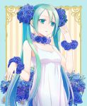  1girl aqua_hair blue_rose bracelet flower green_eyes green_hair hair_flower hair_ornament hatsune_miku highres jewelry long_hair necklace rose solo twintails very_long_hair vocaloid yuki_urina 