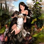  1girl agnes_oblige bare_shoulders boots bravely_default:_flying_fairy clouds gloves long_hair looking_at_viewer official_art sitting sky solo thighhighs tree yoshida_akihiko 