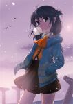  1girl black_hair blue_eyes bubblegum folded_hair hair_rings hands_in_pockets hoodie isshiki_tarou long_hair nagi_no_asukara parka school_uniform shiodome_miuna snow twintails 