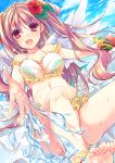  1girl :d barefoot bikini breasts brown_eyes brown_hair bucket cleavage cocoa_(cafe-hotcocoa) fang flower hair_flower hair_ornament halterneck hibiscus highres long_hair open_mouth original rake smile solo splashing swimsuit toes twintails very_long_hair white_bikini white_swimsuit white_wings wings 
