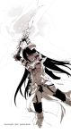  1girl arms_up breasts character_name isizuaki long_hair looking_at_viewer monochrome navel ragnarok_online rune_knight simple_background sword very_long_hair weapon white_background 