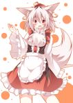  1girl :d animal_ears apron blush daidai_ookami fang hat highres inubashiri_momiji looking_at_viewer open_mouth red_eyes short_hair silver_hair smile solo tail tokin_hat touhou wolf_ears wolf_tail 