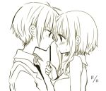  1boy 1girl anzu_(o6v6o) blush dated eye_contact face-to-face gumi gumiya looking_at_another monochrome pocky pocky_day short_hair simple_background vocaloid white_background 