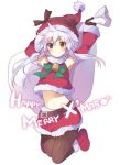  1girl black_legwear blue_eyes boots christmas ciel_sacred hat heterochromia long_hair merry_christmas midriff mishima_kurone navel original pantyhose red_eyes sack santa_costume santa_hat solo white_hair 