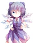  1girl backlighting blue_dress blue_eyes blue_hair bow cirno dress hair_bow ice ice_wings looking_at_viewer opopowa puffy_sleeves shirt short_sleeves smile solo thumbs_up touhou wings wink 