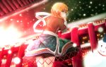  1girl :o arm_warmers blonde_hair blouse breath elbow_rest facing_away from_behind green_eyes hands_together highres layered_skirt mizuhashi_parsee pointy_ears railing sanpyon sash scarf short_hair short_sleeves snowing snowman solo touhou 