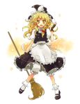  1girl blonde_hair blush bow braid broom fingerless_gloves gloves hat hat_bow kirisame_marisa mary_janes open_mouth popoin shoes side_braid solo star touhou witch_hat yellow_eyes 
