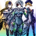  3girls blazblue blonde_hair blue_eyes bodysuit dual_persona eyepatch green_eyes kanmiya_shinobu mecha_musume mu-12 multiple_girls noel_vermillion nu-13 red_eyes silver_hair 